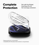Apple Watch 12 46mm | Slim (2P) - Clear protective phone case shown floating above a black smartphone on a white background, with marketing text reading 'Complete Protection' and compatibility note for Ringke Dual Easy Pro screen protectors.