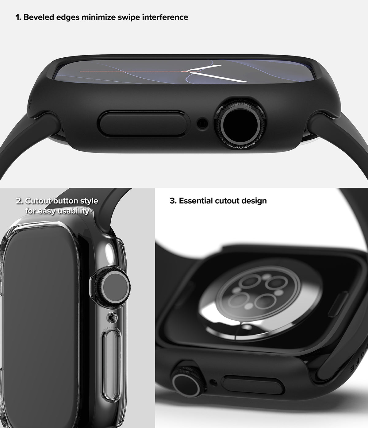 Apple Watch 12 46mm | Slim (2P) - Black protective case for an Apple Watch, shown from multiple angles with feature callouts: beveled edges minimizing swipe interference, cutout button style for sensitivity, and essential cutout design.