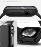 Apple Watch 12 46mm | Slim (2P) - Black protective case for an Apple Watch, shown from multiple angles with feature callouts: beveled edges minimizing swipe interference, cutout button style for sensitivity, and essential cutout design.
