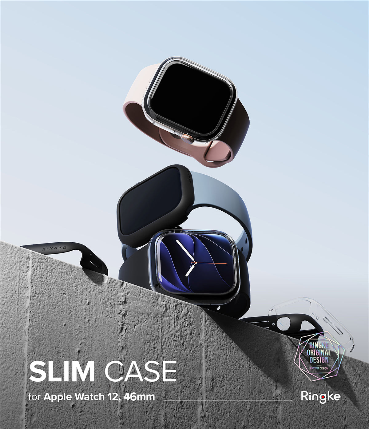Apple Watch 12 46mm | Slim (2P) - Three slim protective cases for Apple Watch 12, 42mm are shown floating above a concrete ledge against a pale blue sky. The cases are in light pink, dark gray, and black, with the center case fitted on a watch.