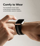 Apple Watch 42·41·40·38 mm | Sports Air Loop - A hand touches a water-splashed Apple Watch with a black woven nylon strap.
