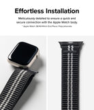 Apple Watch 42·41·40·38 mm | Sports Air Loop - Black woven watch band with white stripes attached to an Apple Watch.
