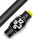 Apple Watch 42·41·40·38 mm | Sports Air Loop - Black and white woven watch band with neon yellow tab on Apple Watch.