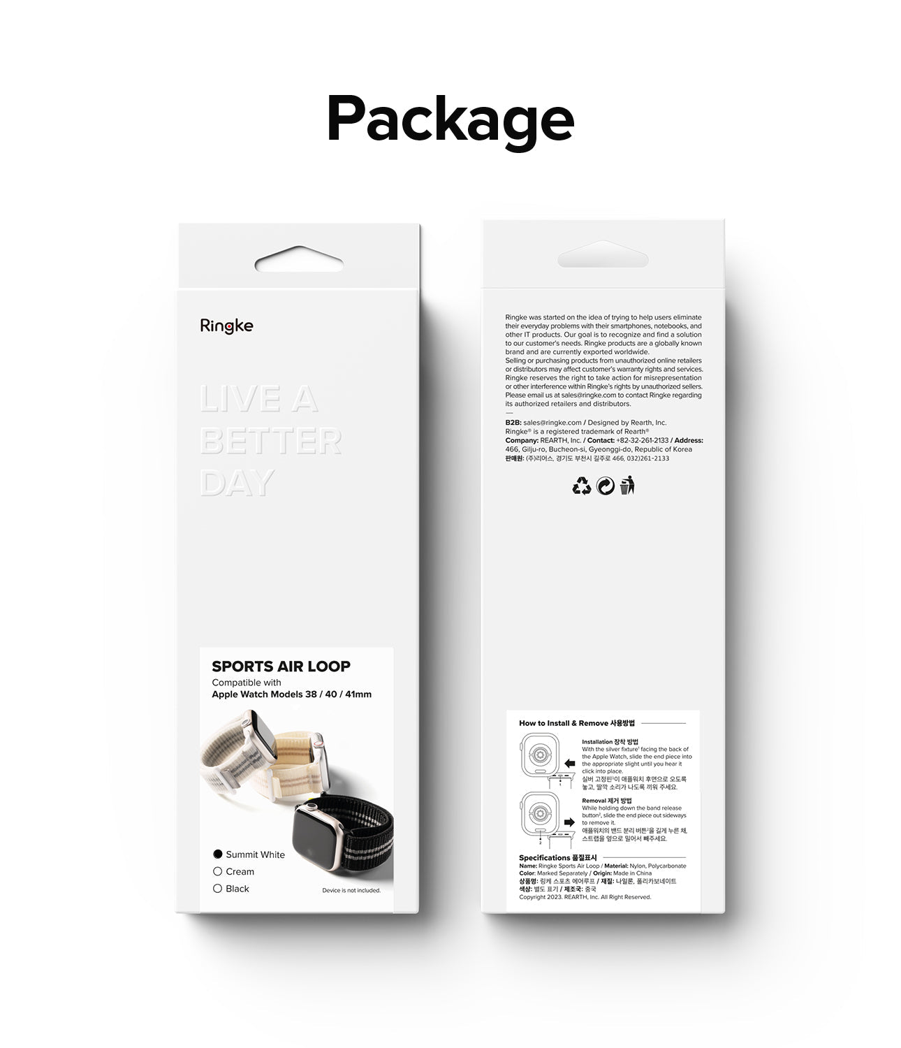Apple Watch 42·41·40·38 mm | Sports Air Loop - Front and back view of Ringke watch band packaging with installation guide.