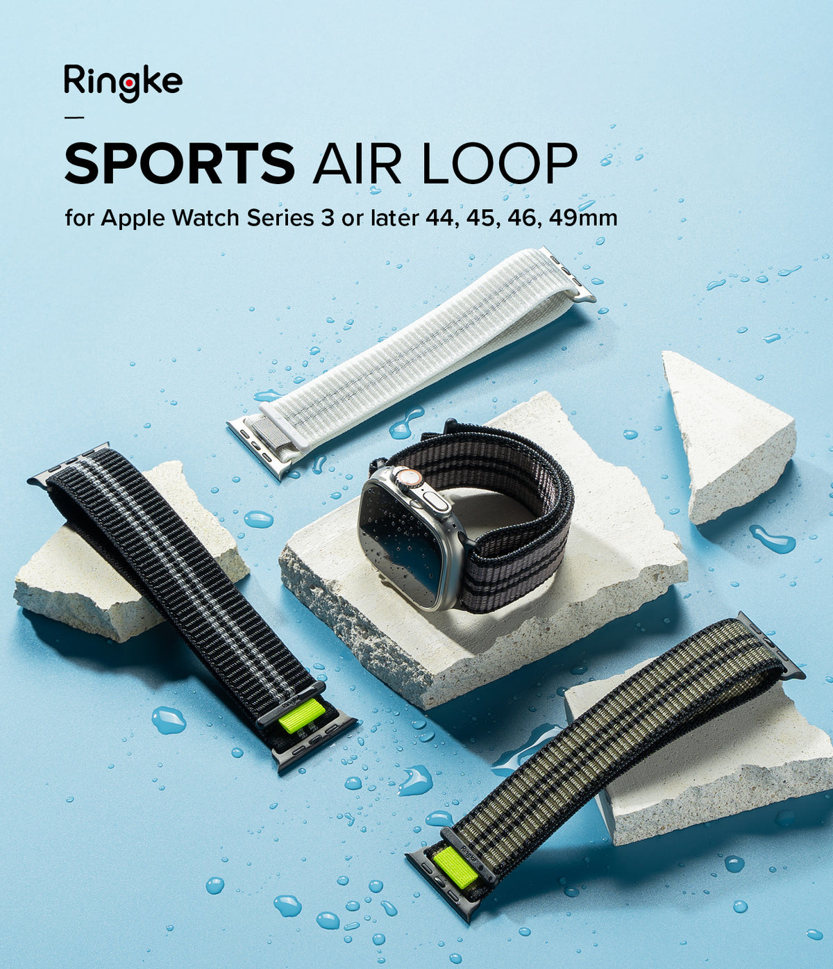 Apple Watch 49·46·45·44·42 mm | Sports Air Loop - Apple Watch Sports Air Loop - Three nylon watch bands and an Apple Watch on stone blocks with water droplets.