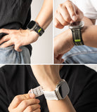 Apple Watch 49·46·45·44·42 mm | Sports Air Loop - Close-up of wrists wearing Apple Watches with black and white nylon bands.