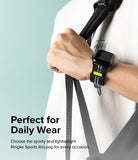 Apple Watch 49·46·45·44·42 mm | Sports Air Loop - Person wearing a black Apple Watch with a black and grey striped fabric band.