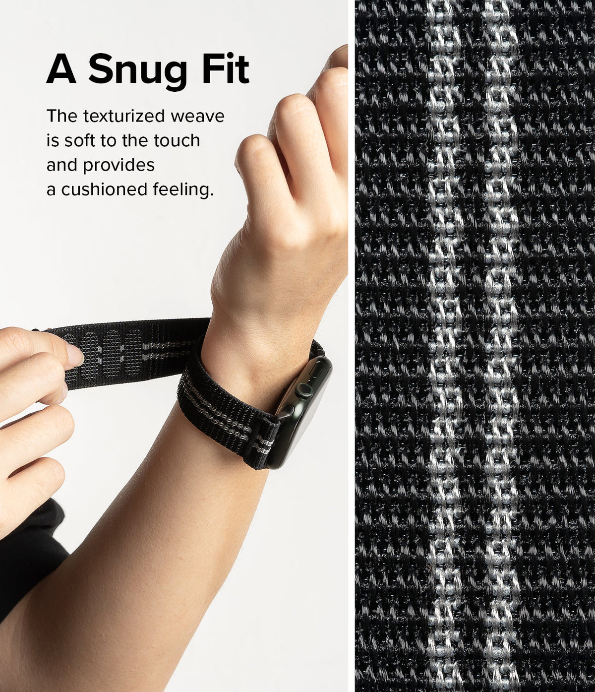 Apple Watch 49·46·45·44·42 mm | Sports Air Loop - Apple Watch Sports Air Loop - A hand adjusts a black, textured woven watch band on a wrist next to a close-up of the fabric.