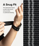 Apple Watch 49·46·45·44·42 mm | Sports Air Loop - Apple Watch Sports Air Loop - A hand adjusts a black, textured woven watch band on a wrist next to a close-up of the fabric.