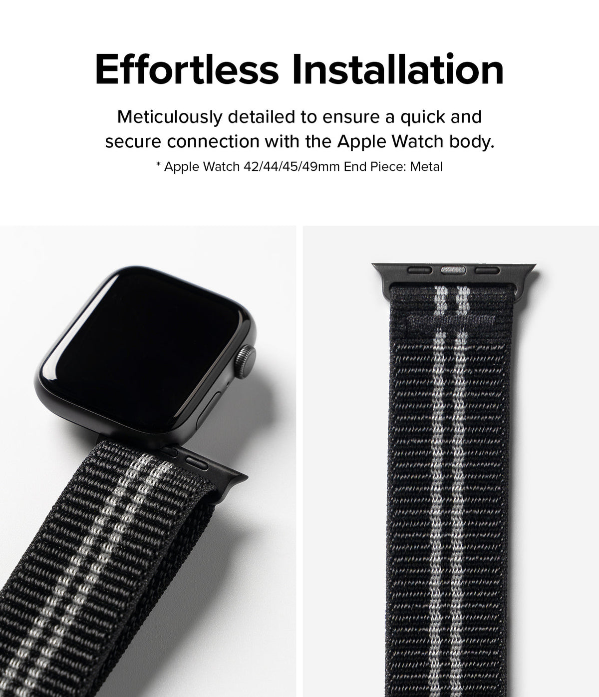 Apple Watch 49·46·45·44·42 mm | Sports Air Loop - Black fabric watch band with metal connector attaching to Apple Watch.