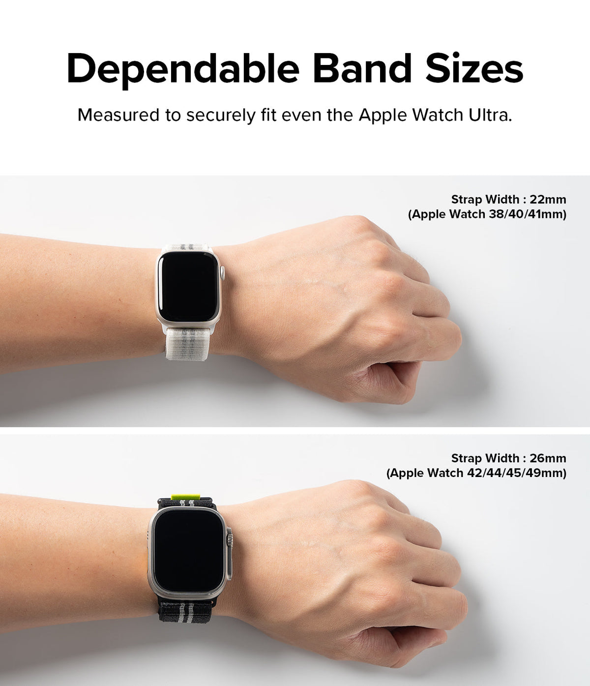 Apple Watch 49·46·45·44·42 mm | Sports Air Loop - Two wrists wearing Apple Watches with 22mm and 26mm strap width labels.