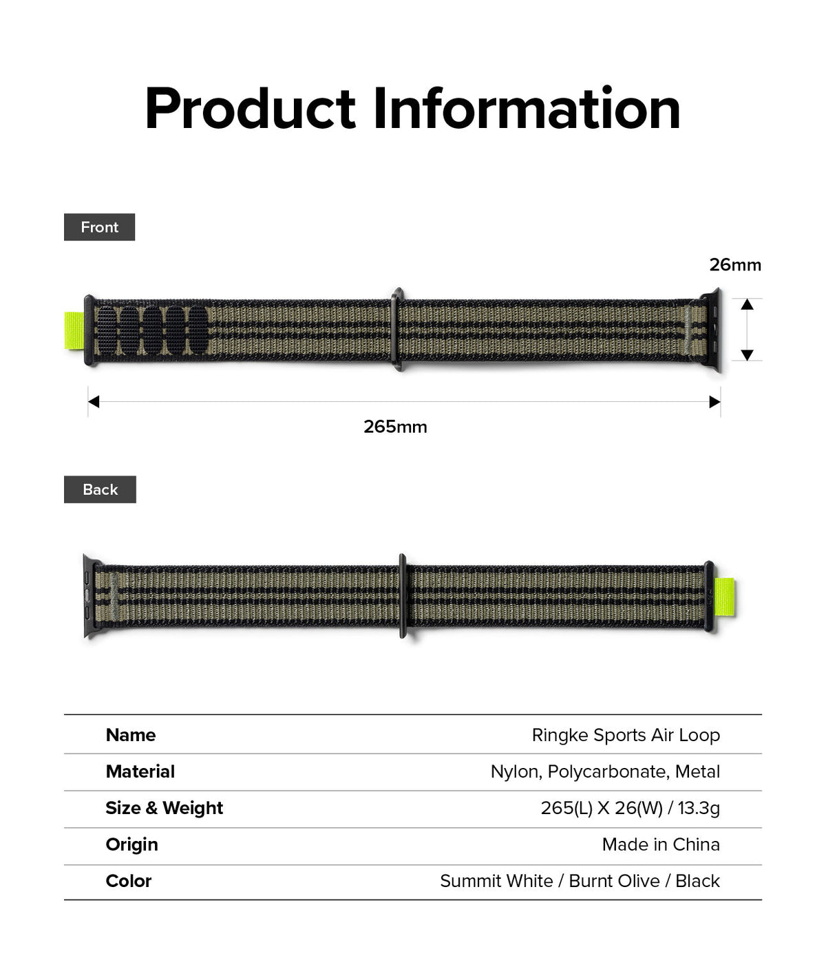 Apple Watch 49·46·45·44·42 mm | Sports Air Loop - Apple Watch Sports Air Loop - Front and back views of a striped olive and black nylon watch band with dimensions.