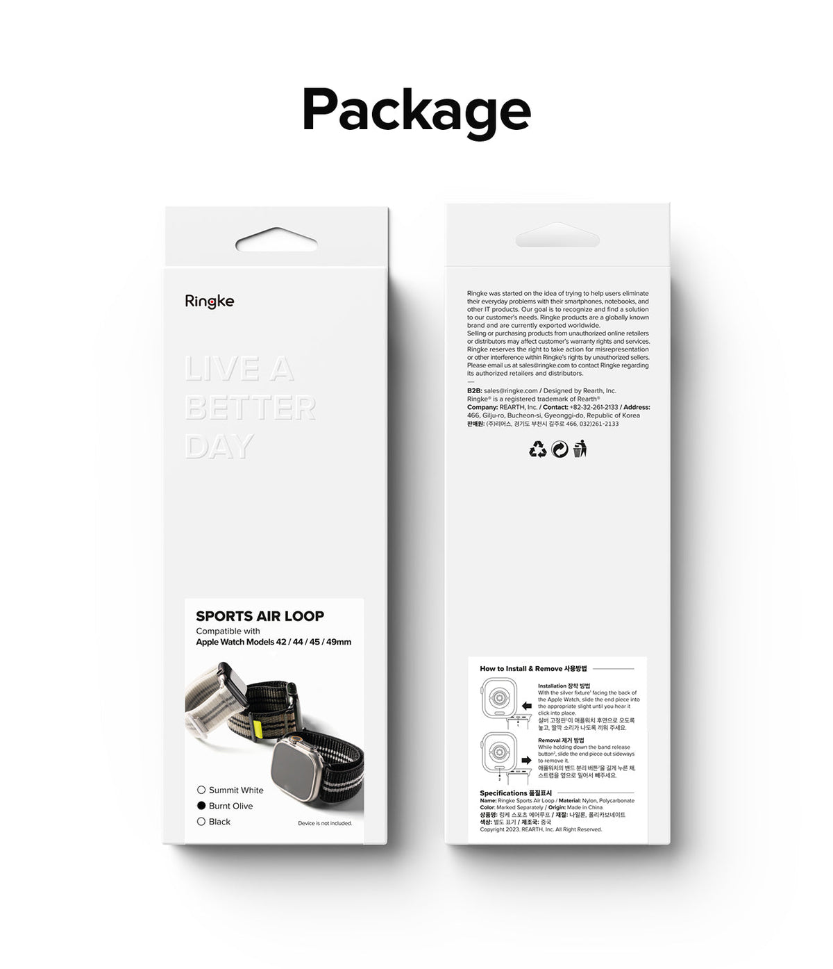 Apple Watch 49·46·45·44·42 mm | Sports Air Loop - Apple Watch Sports Air Loop - Front and back view of Ringke packaging showing product details and installation guide.