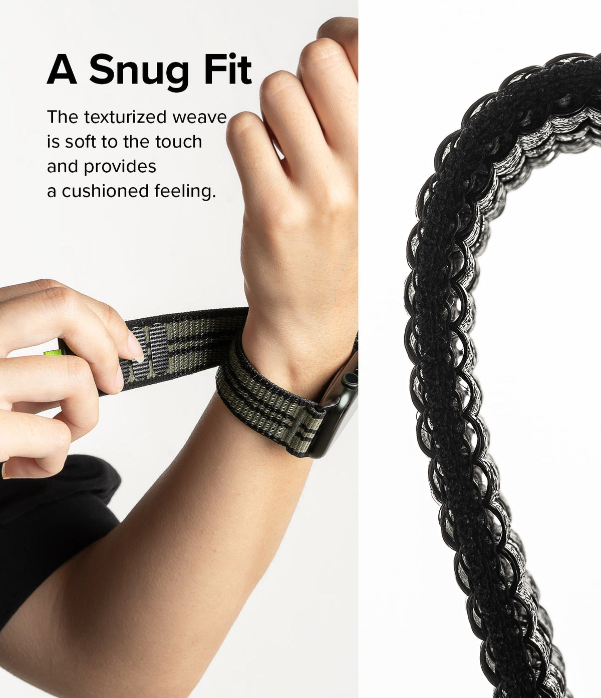 Apple Watch 49·46·45·44·42 mm | Sports Air Loop - Apple Watch Sports Air Loop - A person adjusting a textured, olive-green woven watch band on their wrist.