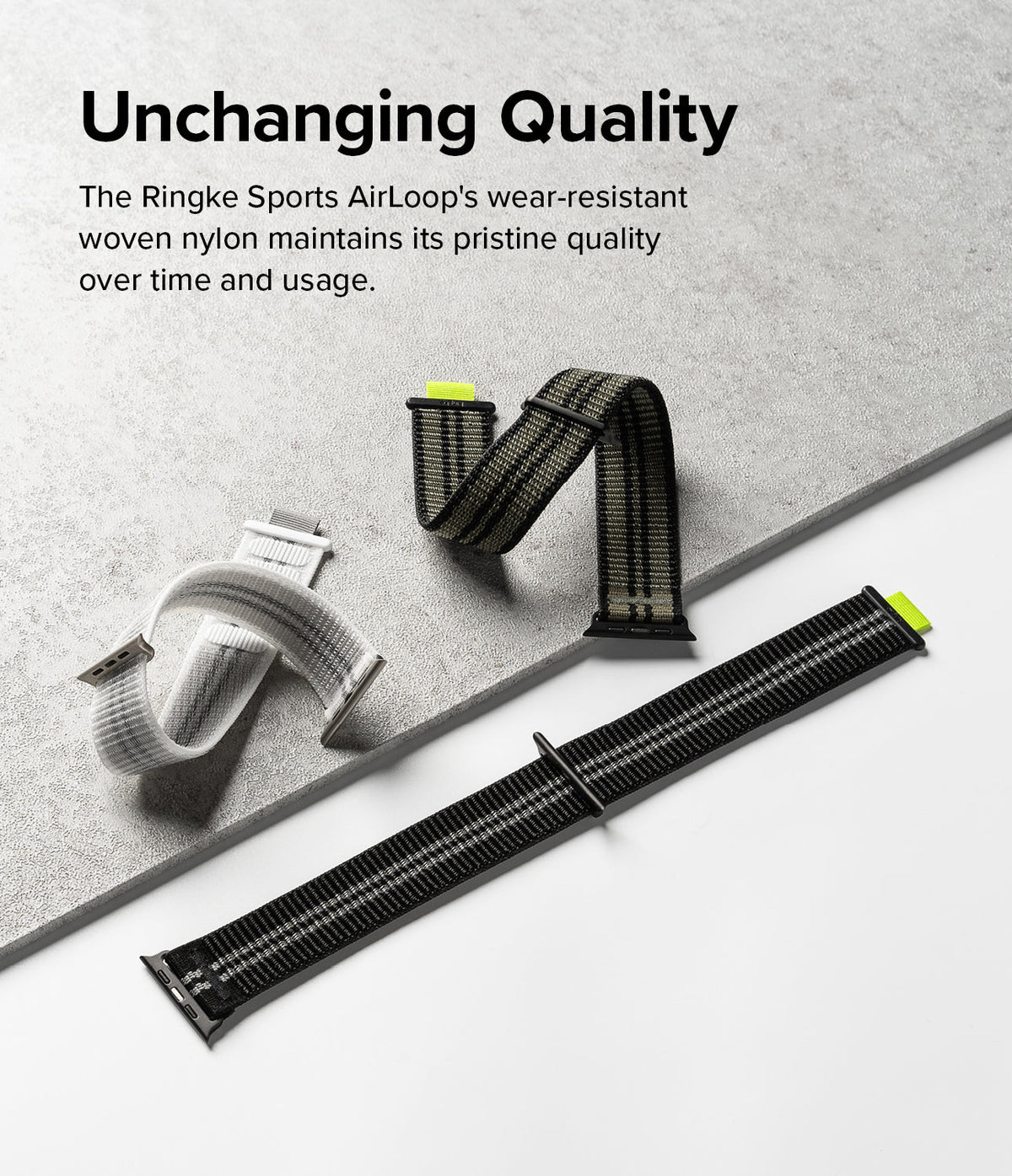 Apple Watch 49·46·45·44·42 mm | Sports Air Loop - Three woven nylon watch bands in black and white on a textured surface.