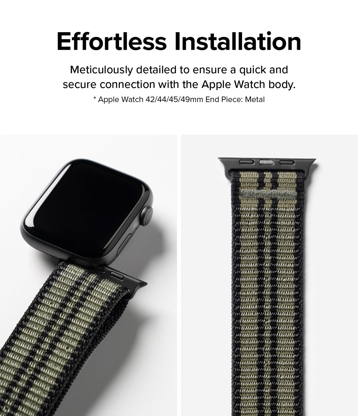 Apple Watch 49·46·45·44·42 mm | Sports Air Loop - Olive and black woven watch band attaching to an Apple Watch.