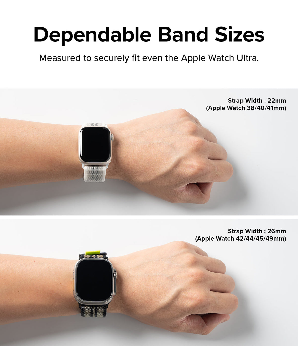 Apple Watch 49·46·45·44·42 mm | Sports Air Loop - Comparison of two Apple Watch sizes with corresponding strap widths.