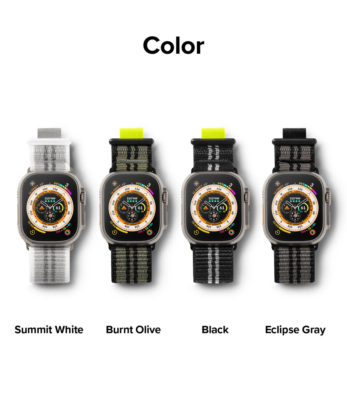 Apple Watch 49·46·45·44·42 mm | Sports Air Loop - Four Apple Watches with Sports Air Loop bands in white, olive, black, and gray.