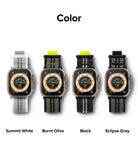 Apple Watch 49·46·45·44·42 mm | Sports Air Loop - Four Apple Watches with Sports Air Loop bands in white, olive, black, and gray.