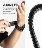 Apple Watch 49·46·45·44·42 mm | Sports Air Loop - Apple Watch Sports Air Loop - Hands securing a black textured watch strap with a close-up of the woven material.