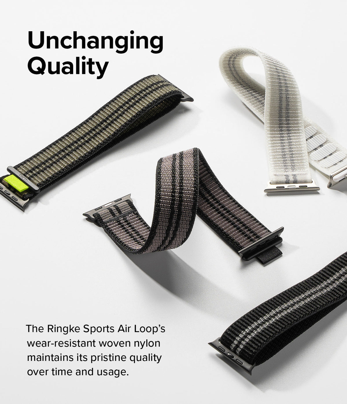 Apple Watch 49·46·45·44·42 mm | Sports Air Loop - Apple Watch Sports Air Loop - Four woven nylon watch bands in various colors arranged on a white background.