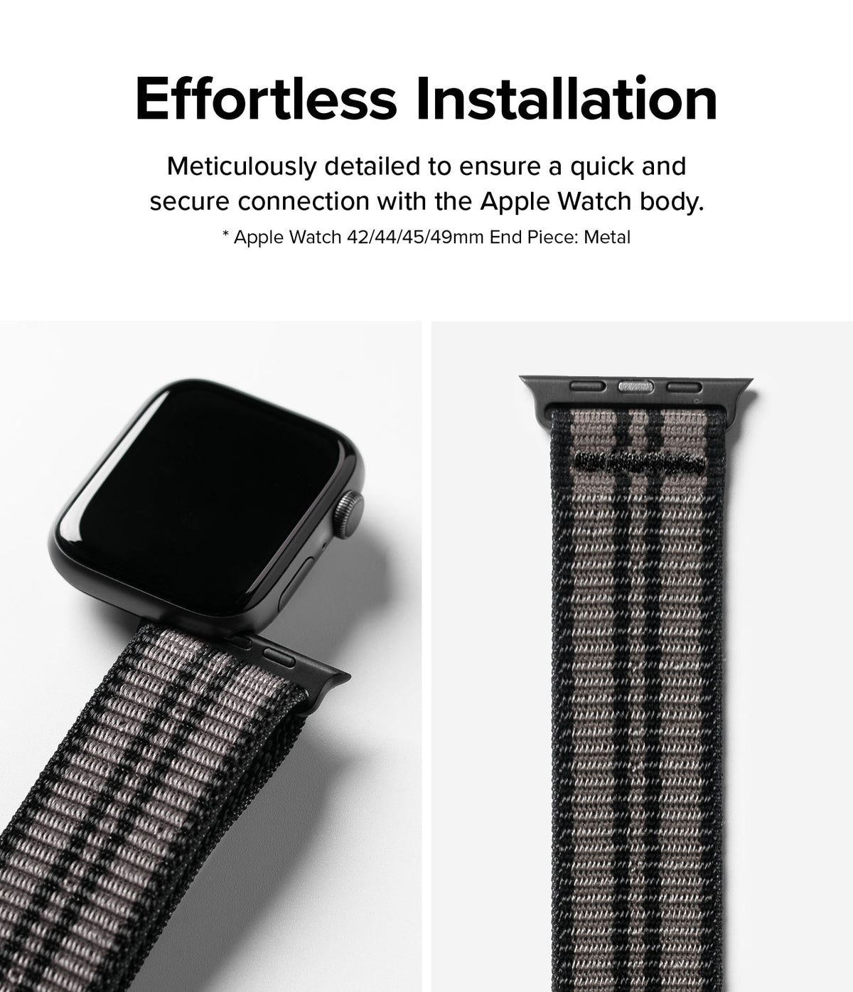 Apple Watch 49·46·45·44·42 mm | Sports Air Loop - A black Apple Watch band with a metal connector attaching to a watch.