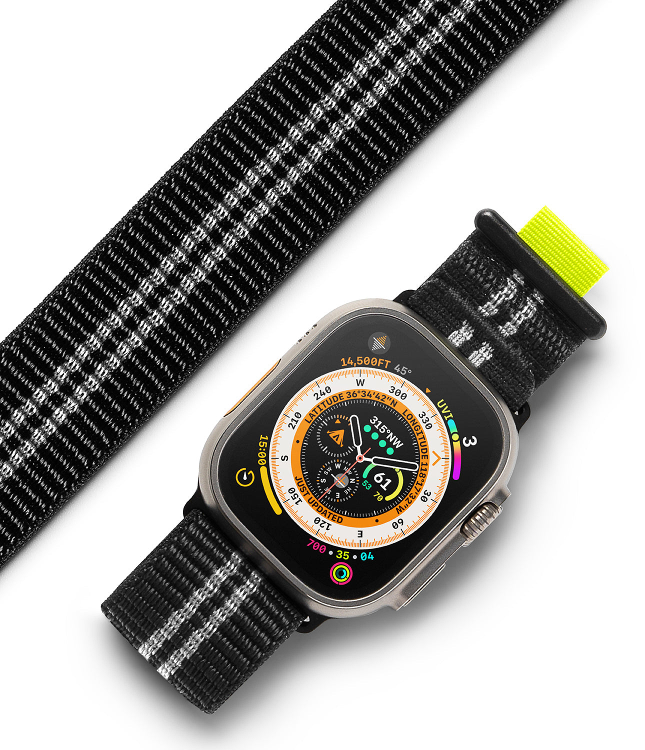 Apple Watch 49·46·45·44·42 mm | Sports Air Loop - Black and white woven watch band with neon yellow tab on Apple Watch.