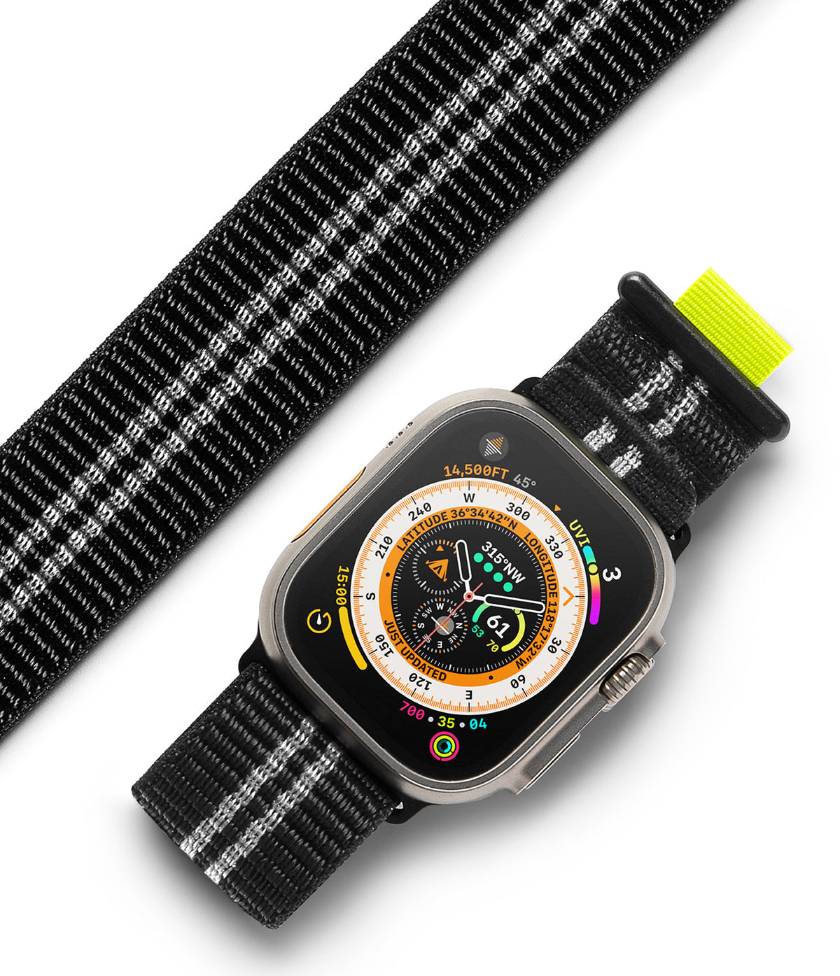 Apple Watch 49·46·45·44·42 mm | Sports Air Loop - Black and white woven watch band with neon yellow tab on Apple Watch.