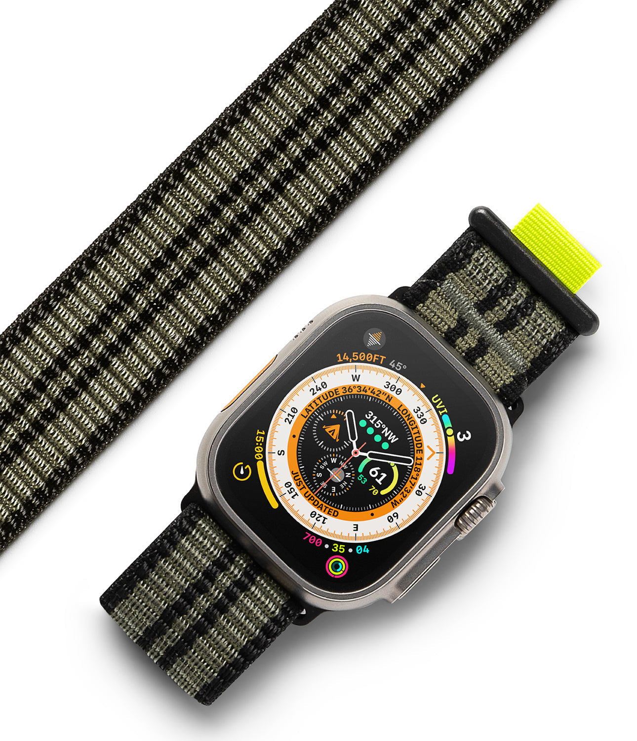 Apple Watch 49·46·45·44·42 mm | Sports Air Loop - Burnt olive textured fabric watch band with neon tab on Apple Watch.