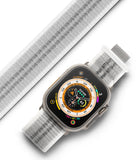 Apple Watch 49·46·45·44·42 mm | Sports Air Loop - Titanium Apple Watch with a white and grey textured fabric strap.