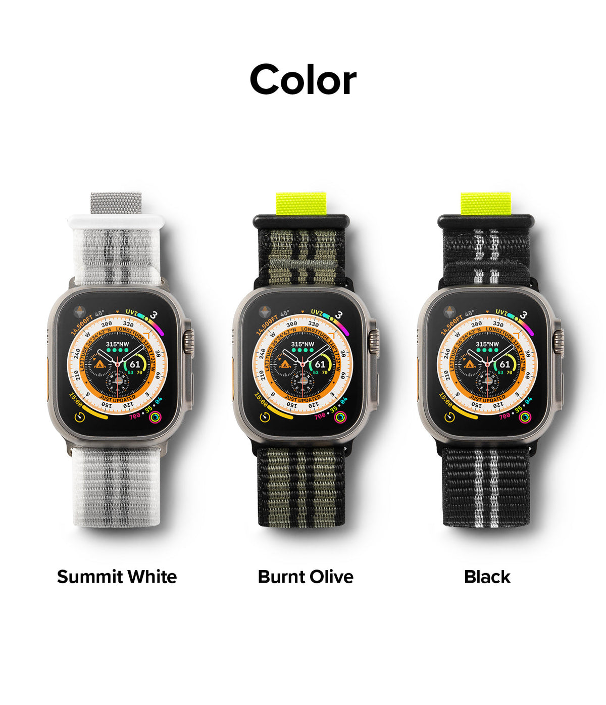 Apple Watch 49·46·45·44·42 mm | Sports Air Loop - Three Apple Watches with Summit White, Burnt Olive, and Black bands.