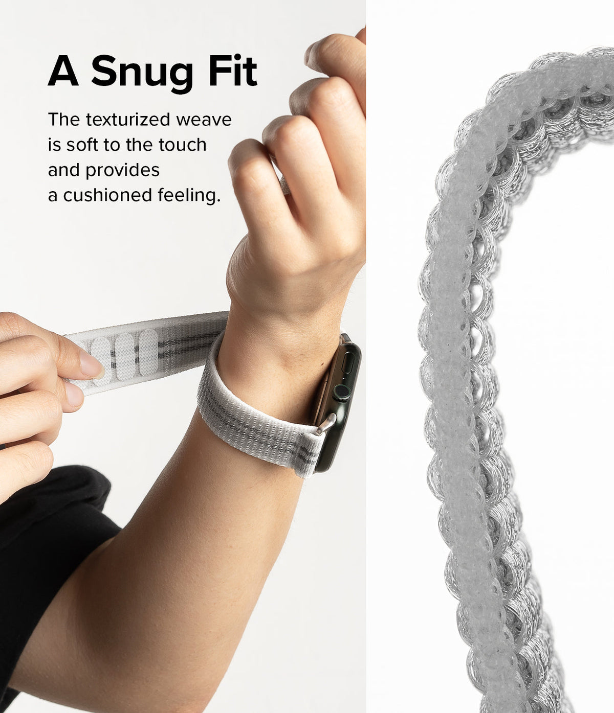 Apple Watch 49·46·45·44·42 mm | Sports Air Loop - Apple Watch Sports Air Loop - Hands adjusting a textured, grey woven watch band on a wrist with a close-up of the weave.