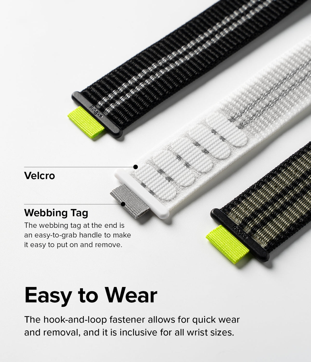 Apple Watch 49·46·45·44·42 mm | Sports Air Loop - Apple Watch Sports Air Loop - Three nylon watch bands with Velcro fasteners and neon green webbing pull tabs.