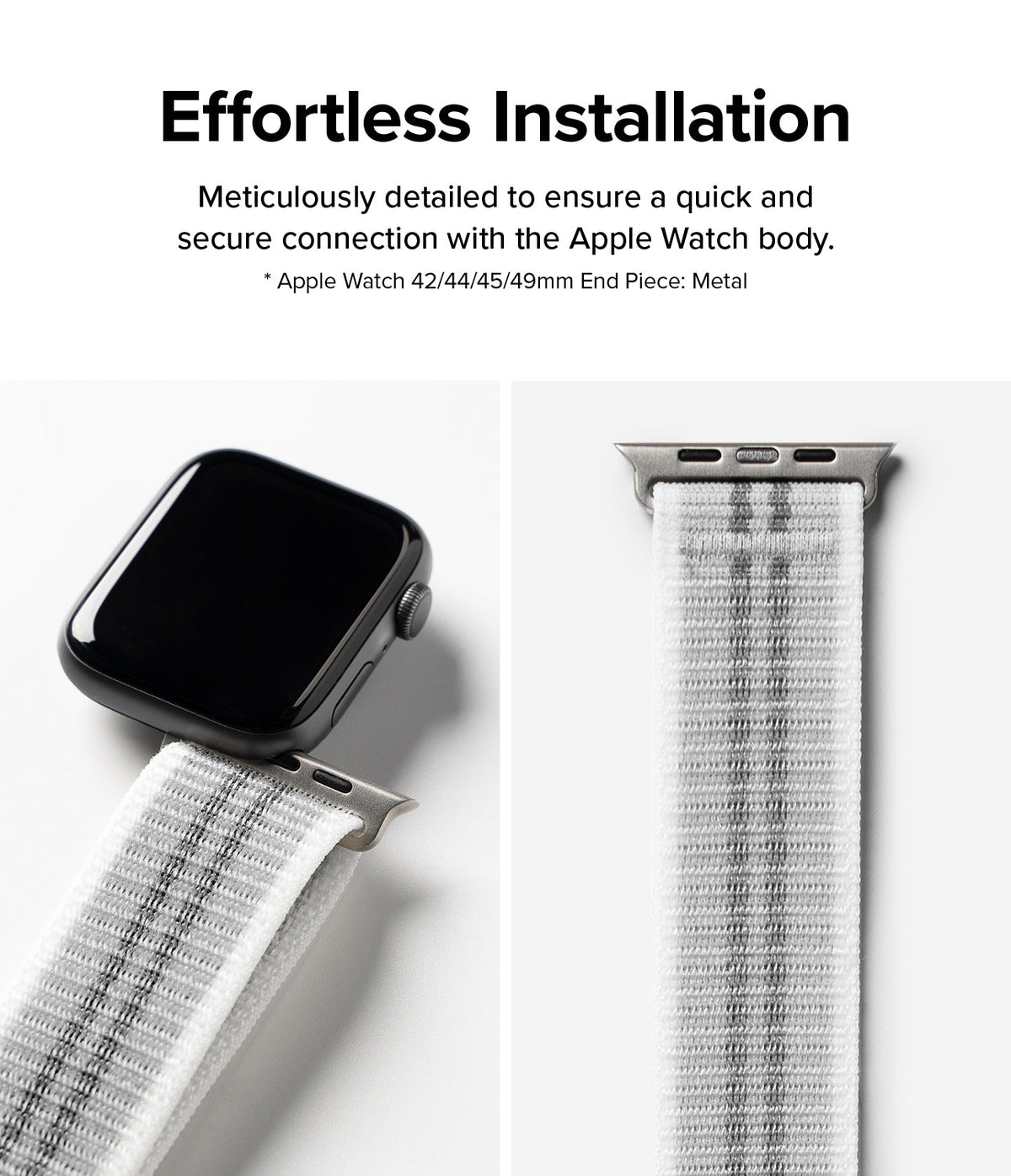Apple Watch 49·46·45·44·42 mm | Sports Air Loop - White fabric watch band with metal connector attached to an Apple Watch.
