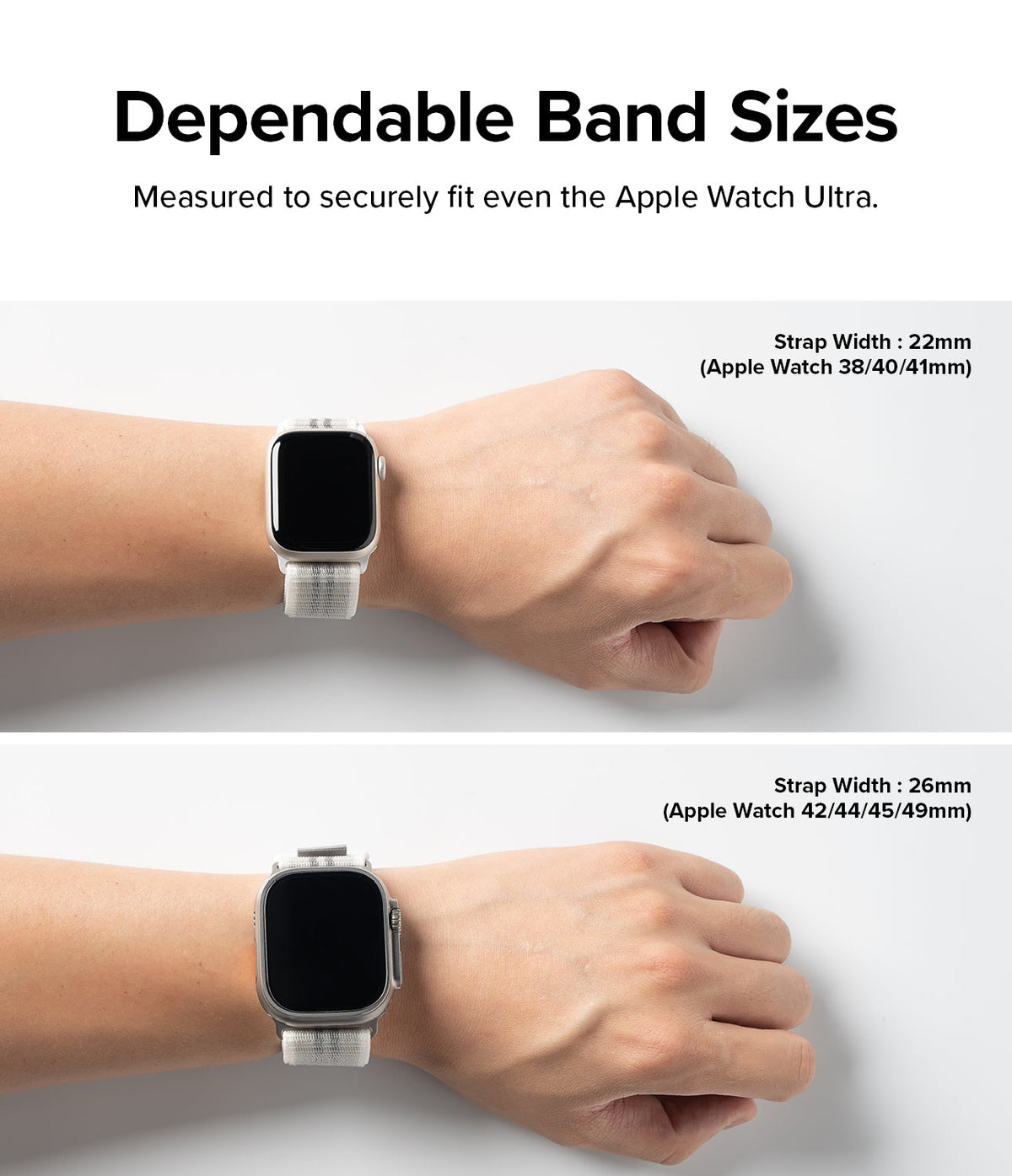 Apple Watch 49·46·45·44·42 mm | Sports Air Loop - Comparison of 22mm and 26mm watch straps on wrists with different Apple Watch models.