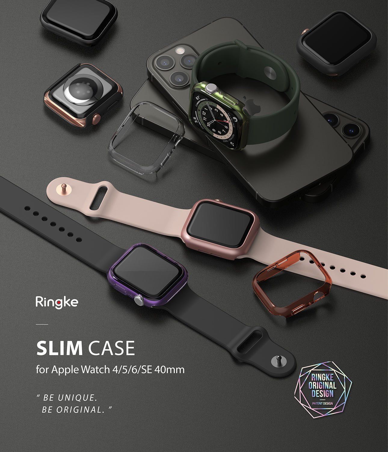 Apple Watch Series 6 / 5 / 4 / SE (40mm) Case | Slim (2 Pack) - Assorted slim protective cases for Apple Watch on a desk.
