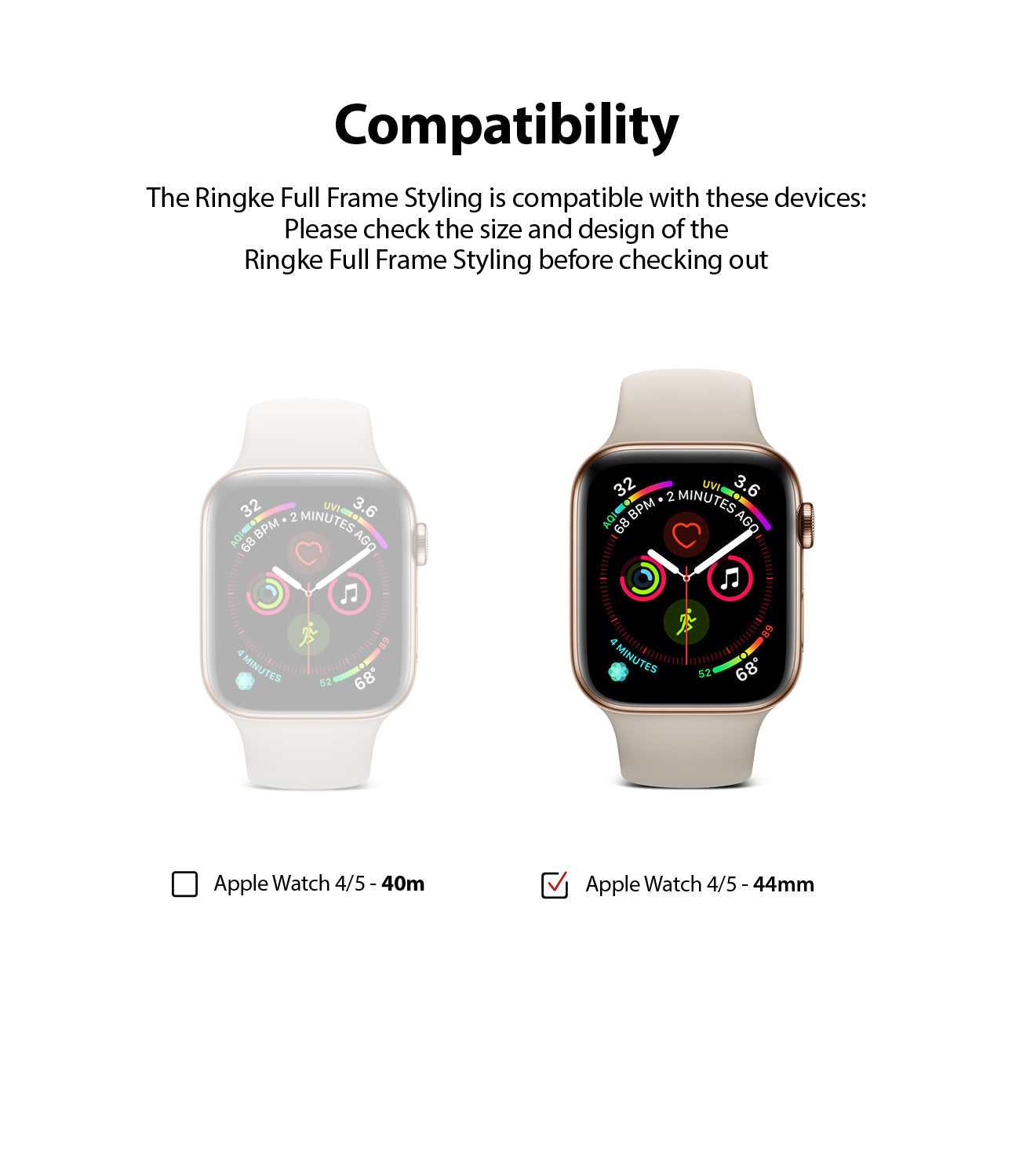 Apple Watch Series 6 / 5 / 4 / SE (44mm) | Full Frame - Comparison of 40mm and 44mm Apple Watches with 44mm selected.