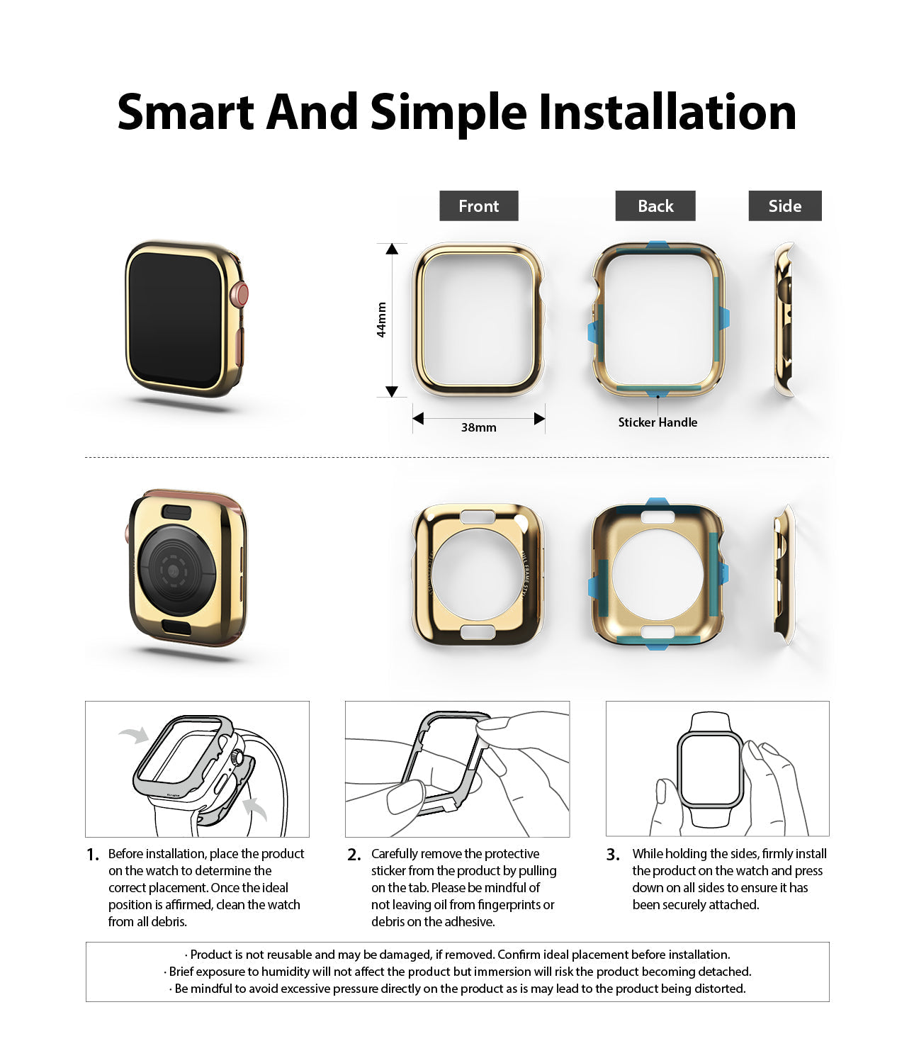 Apple Watch Series 6 / 5 / 4 / SE (44mm) | Full Frame - Installation guide showing gold watch bezel and steps.
