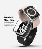 Apple Watch Series 6 / 5 / 4 / SE (40mm) | Premium Bezel Styling Silver + Black - Apple Watch Series 6 / 5 / 4 / SE (40mm) - Two Apple Watches with silver stainless steel bezels and silicone bands.