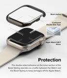 Apple Watch 9 / 8 / 7 (41mm) | Bezel Styling - Exploded view of a protective bezel hovering above an Apple Watch.