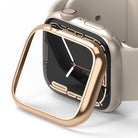 Apple Watch 9 / 8 / 7 (45mm) | Bezel Styling - A rose gold protective bezel frame hovering over a 45mm Apple Watch.