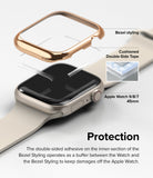 Apple Watch 9 / 8 / 7 (45mm) | Bezel Styling - Exploded view of a gold bezel cover hovering above an Apple Watch.