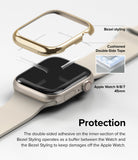 Apple Watch 9 / 8 / 7 (45mm) | Bezel Styling - Gold bezel cover hovering above an Apple Watch with adhesive tape.