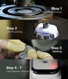 Apple Watch 9 / 8 / 7 (45mm) | Bezel Styling - Four-step manufacturing process showing metal pressing, CNC, polishing, and testing.