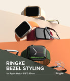 Apple Watch 9 / 8 / 7 (45mm) | Bezel Styling - Multiple Apple Watches with colorful bands and metallic bezel covers.