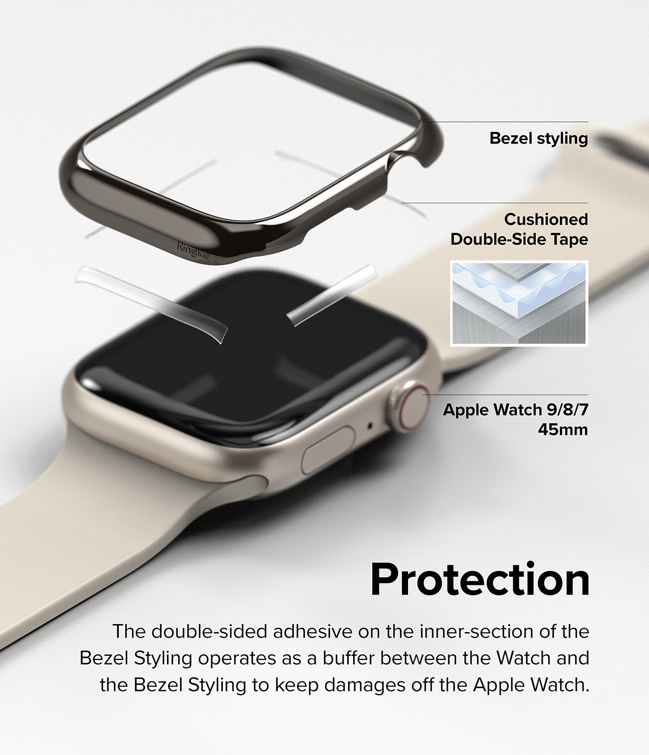 Apple Watch 9 / 8 / 7 (45mm) | Bezel Styling - Exploded view of a protective bezel cover hovering over an Apple Watch.