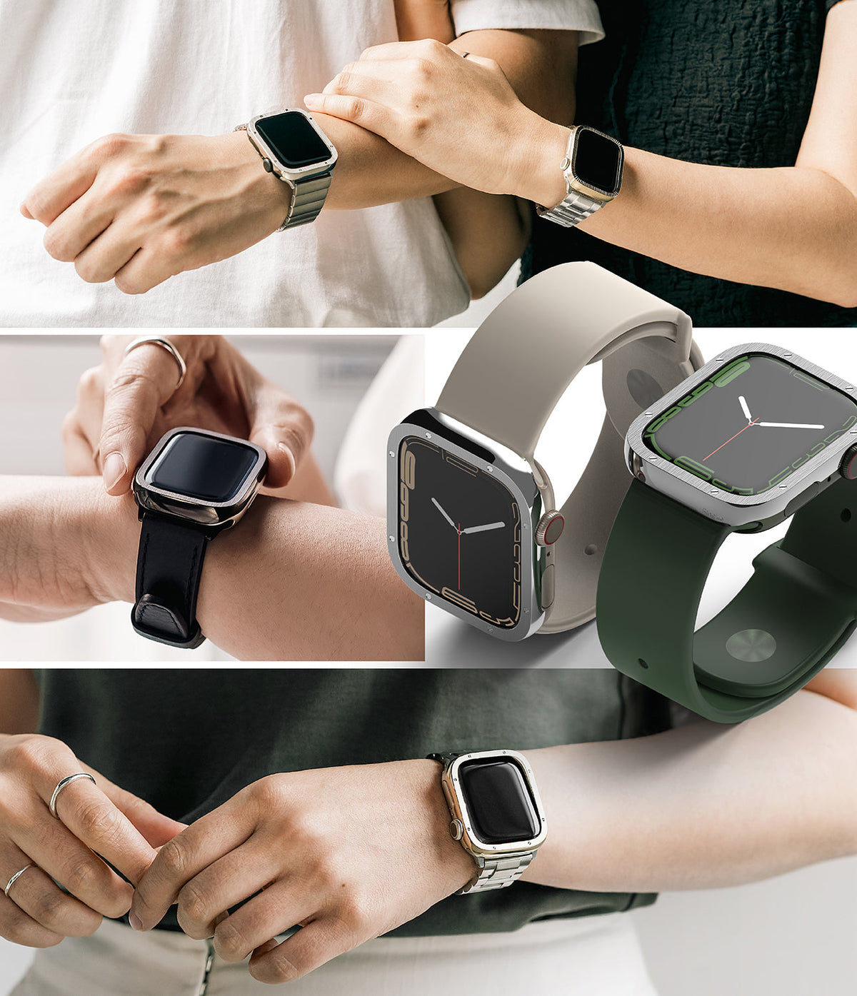 Apple Watch 9 / 8 / 7 (45mm) | Premium Bezel Styling Hairline Bolts Design - Metal watch bezels with bolt accents on wrists.