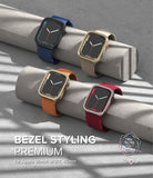 Apple Watch 9 / 8 / 7 (45mm) | Premium Bezel Styling Hairline - Four Apple Watches with metallic bezels on concrete tubes.