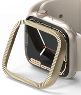 Apple Watch 9 / 8 / 7 (45mm) | Premium Bezel Styling Matte Curve - Gold fluted bezel cover hovering over a smartwatch.