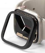 Apple Watch 9 / 8 / 7 (45mm) | Premium Bezel Styling Hairline - Black brushed metal bezel cover hovering over watch.